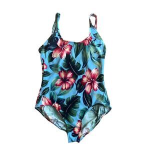 Vintage tropical print red hibiscus flower‎ one piece swim suit Plus Size 16